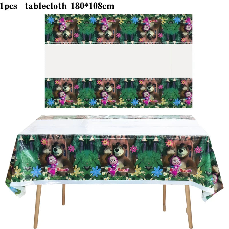 Masha and the Bear Birthday Party Decoration Kit with Balloons and Backdrop - Girls Cartoon Theme, Disposable Tableware, All Variants