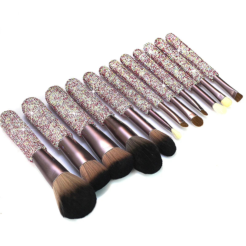 12 Piece Makeup Brush Set with Rhinestones - Face, Eye, Foundation, Blending Tools