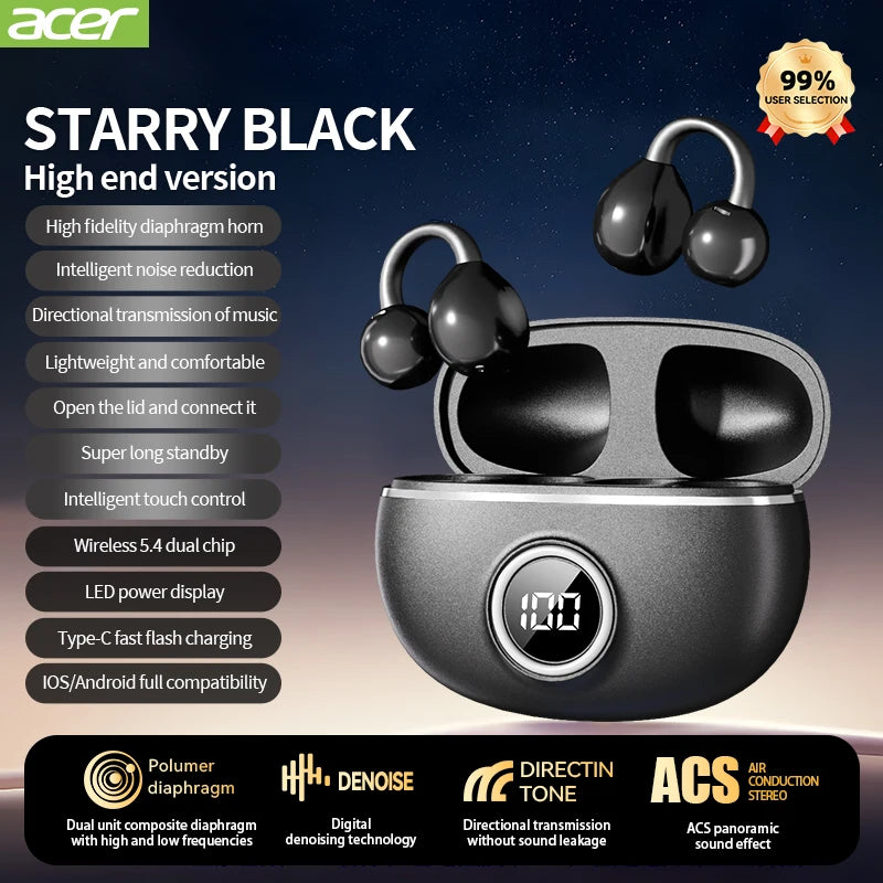Bluetooth Earphones Wireless Ear-Clip Headphones Noise Reduction for Calls Sports