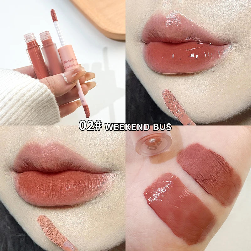 Double End Lip Gloss with Mirror & Velvet Matte Finish - Long Lasting Moisturizing Lip Makeup