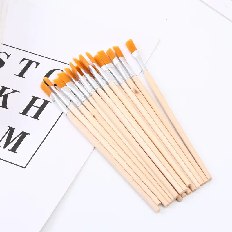 DIY Paint Brush Set 10/50/100Pcs Nylon Flat & Tip Brushes with Wooden Handles