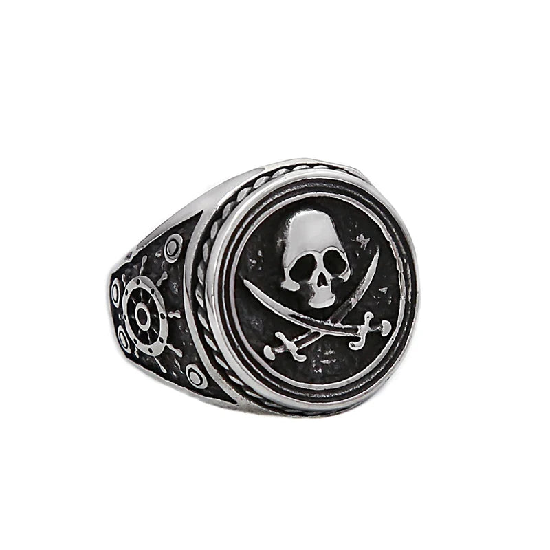 Vintage Double Knife Pirate Skull Ring Gothic Stainless Steel Jewelry for Men Boys