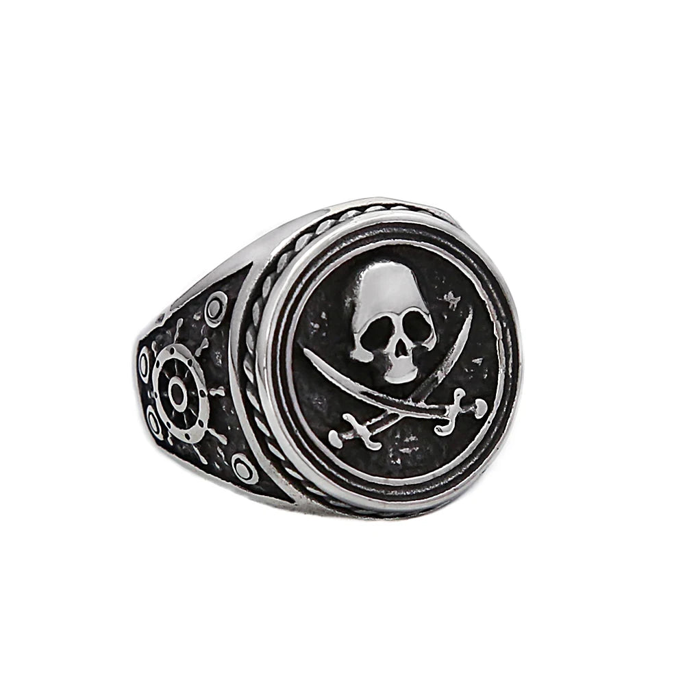 Vintage Double Knife Pirate Skull Ring Gothic Stainless Steel Jewelry for Men Boys