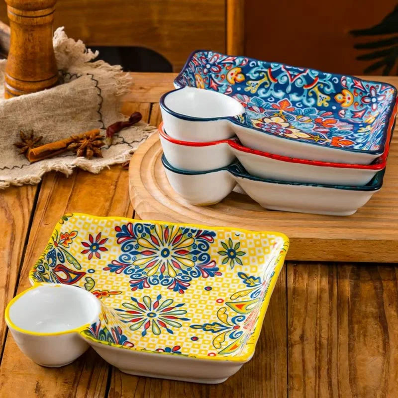 Bohemian Ceramic Dumpling Plate with Vinegar Dish - Segmented Breakfast Serving Plate