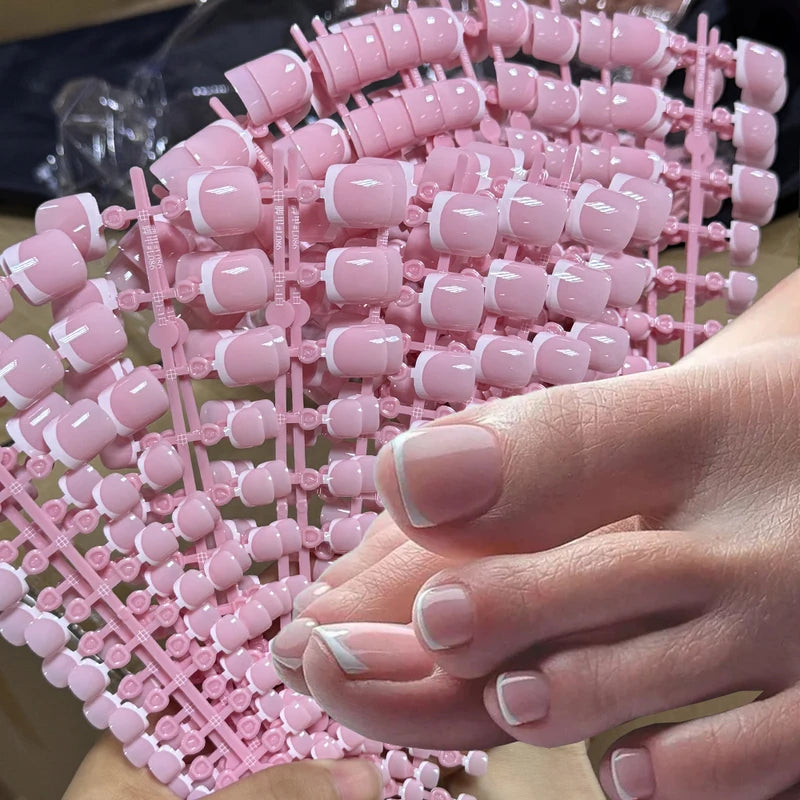 120pcs Short Square False Toe Nail Tips Pink French Gel Press On Full Cover