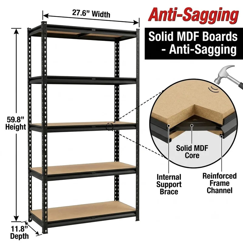 Heavy Duty 5-Tier Garage Shelving Unit - Space-Saving Metal Storage Rack with MDF Boards