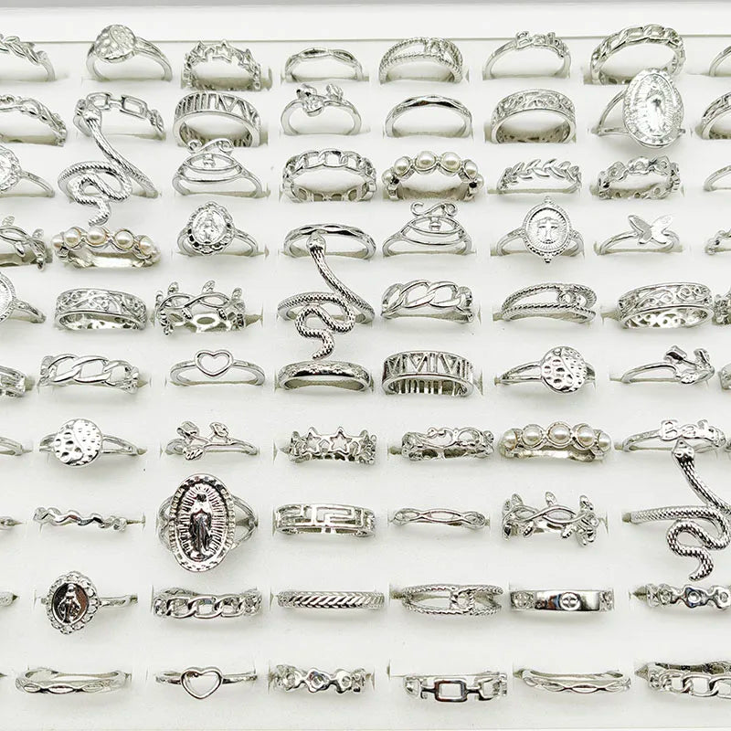 30PCS Mix Style Silver Color Pearl Finger Rings Animal Snake Leaf Party Jewelry Girl Gift