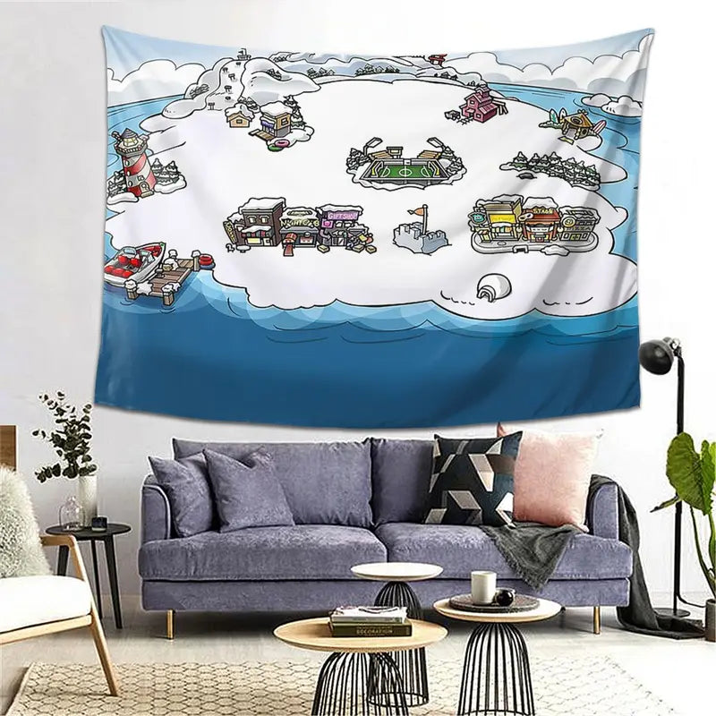 Club Penguin Map Wall Tapestry Decor for Living Room Bedroom Home Wall Hanging