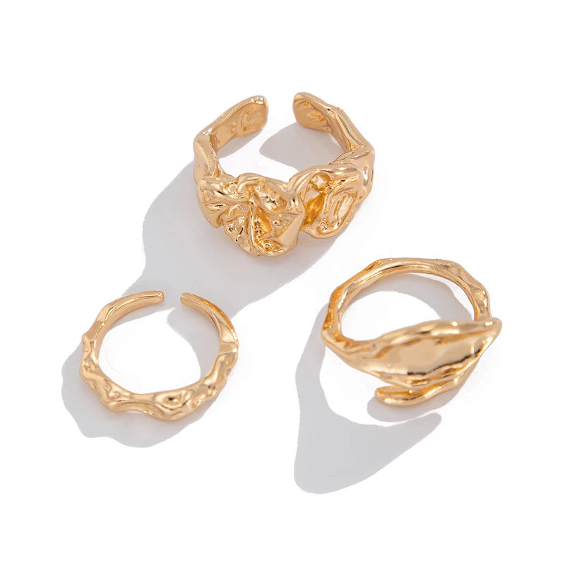 Geometric Open Ring Set Women 3pcs Adjustable Gold Finger Jewelry