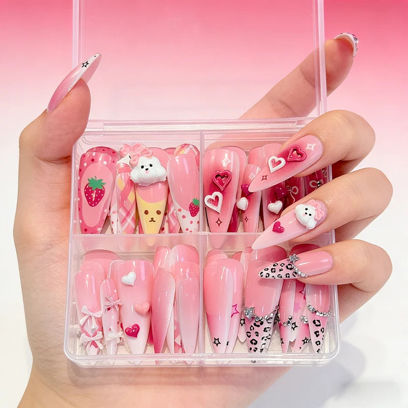 3D Pink Sweet Bow Heart Fake Nails Long Almond False Nails with Rhinestones