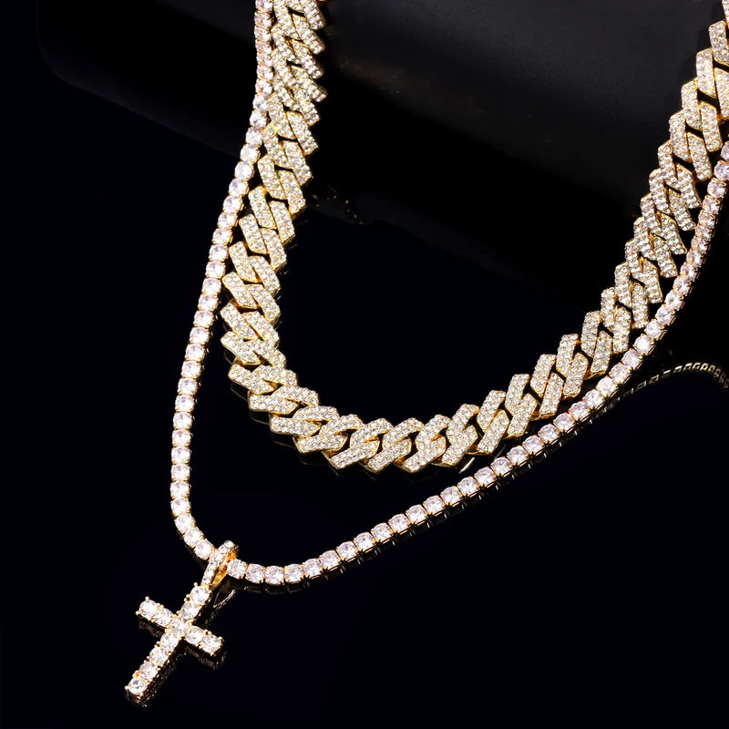 Men Women Cross Tennis Chain Necklace 14MM Cuban Link Jewelry - 2 Pieces