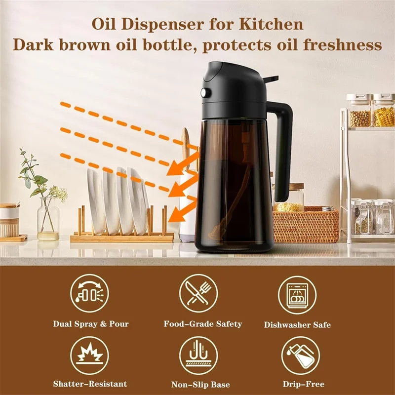 2-in-1 Glass Oil Dispenser Spray Bottle 16oz Leakproof Kitchen Utensil