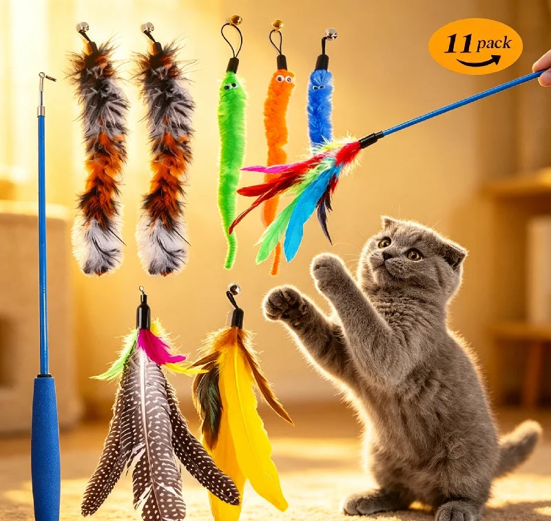 Retractable Cat Feather Wand Toy Set with Replacement Feathers, Interactive Play for Indoor Cats