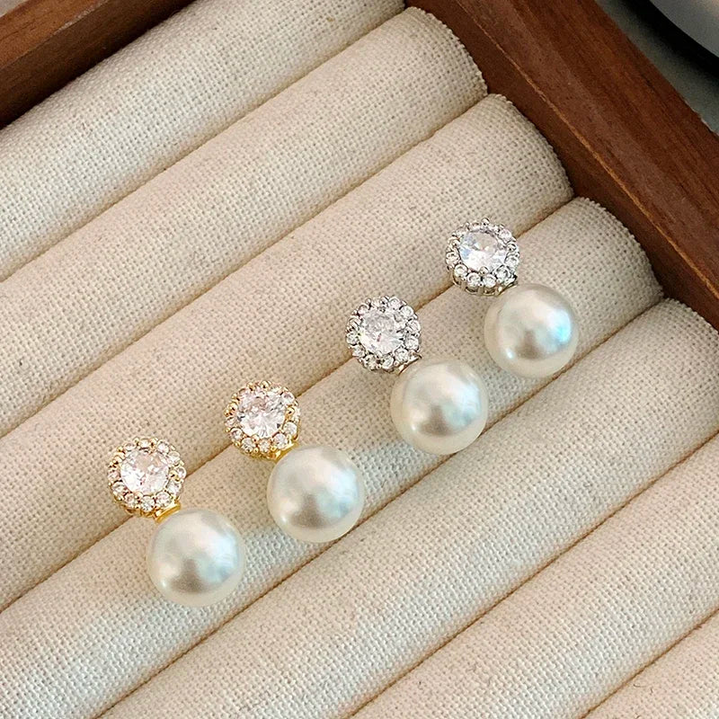Girl's Romantic Pearl & Zircon Round Earrings - Fashion Jewelry for Women