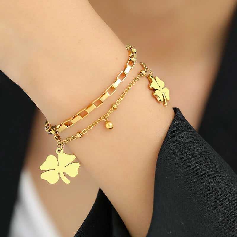 Trendy Stainless Steel Bracelets for Women Beaded Layer Chain Jewelry Festive Gift