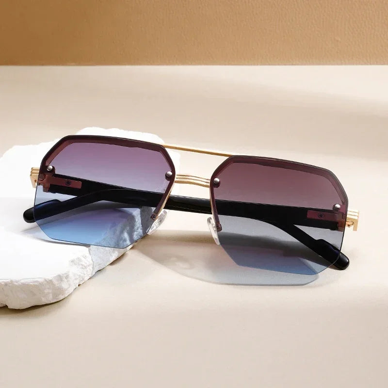 Oversized Semi-Rimless Sunglasses Men Fashion Vintage Gradient Casual Shades