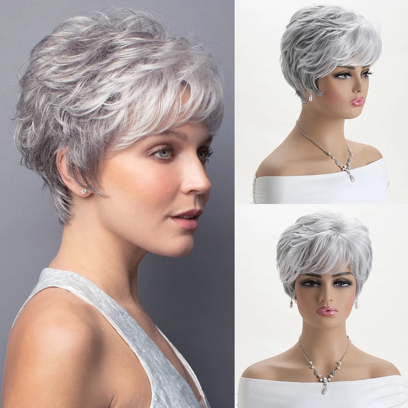 Short Grey Ombre Curly Synthetic Wig with Bangs for Women - Costume & Daily Use
