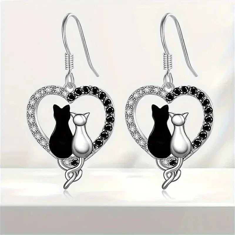 Couple Cats Love Earrings for Women - Cute Heart-Shaped Hanging Jewelry