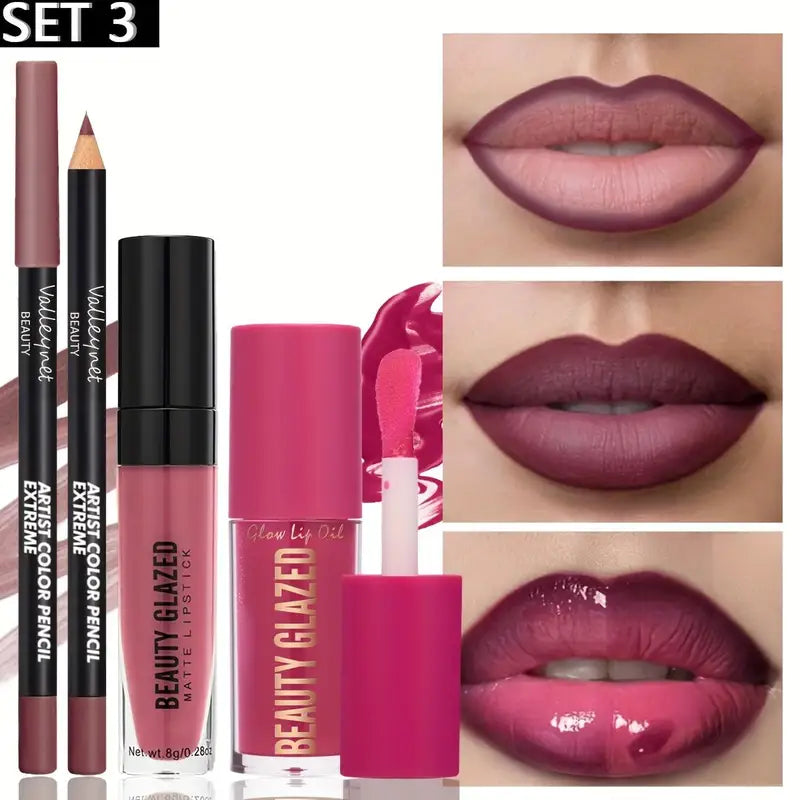 3Pcs Lip Makeup Set with Lip Liner, Lip Gloss & Lip Oil - Long-Lasting Waterproof