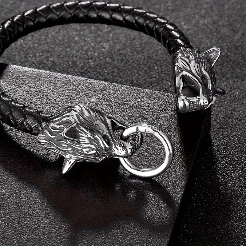 Viking Wolf Head Leather Bracelet for Men - Handmade Stylish Personalized Jewelry
