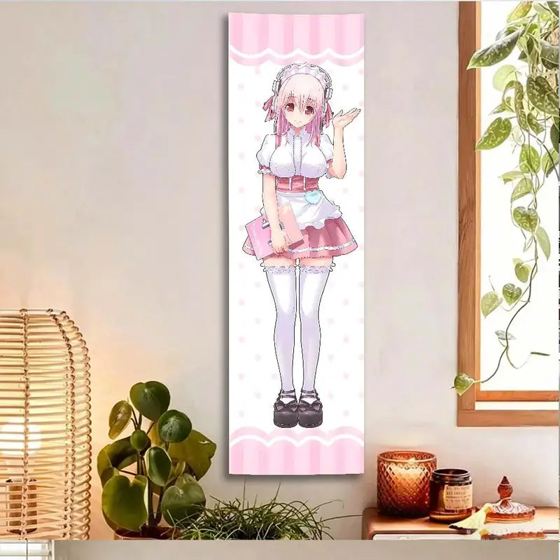 Super Sonico Maid Outfit Wall Tapestry - Pink Polka Dot Anime Decor for Bedroom
