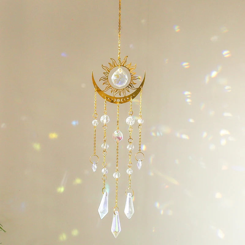 Gold Flame Moon Crystal Pendant Sunlight Catcher Outdoor Garden Decor