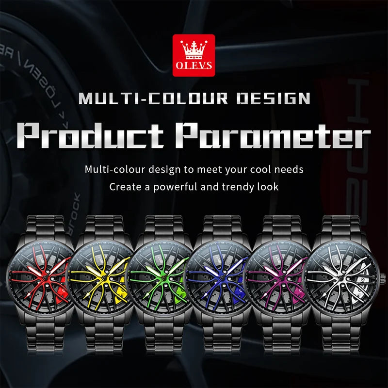 Men's Quartz Watch with Luminous Dial Waterproof Stainless Steel Rotatable Wheel Hub