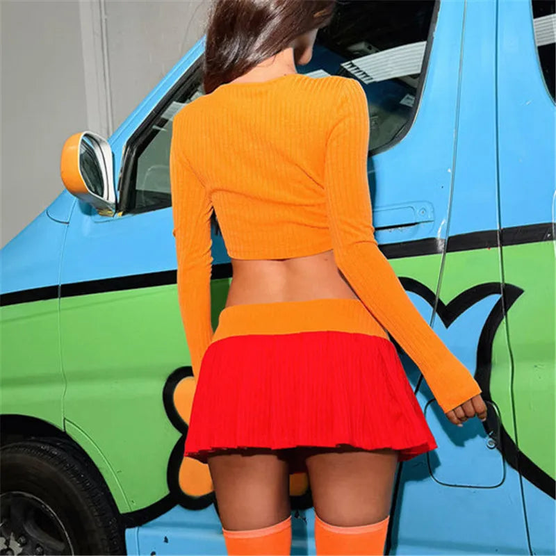 Halloween Velma Costume Women Orange Crop Top & Pleated Skirt Set
