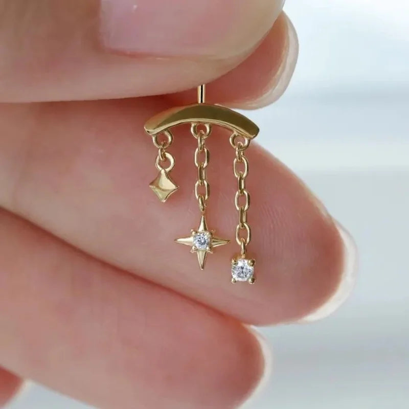 Sterling Silver CZ Star Ear Piercing Stud with Chain for Women - Fine Jewelry