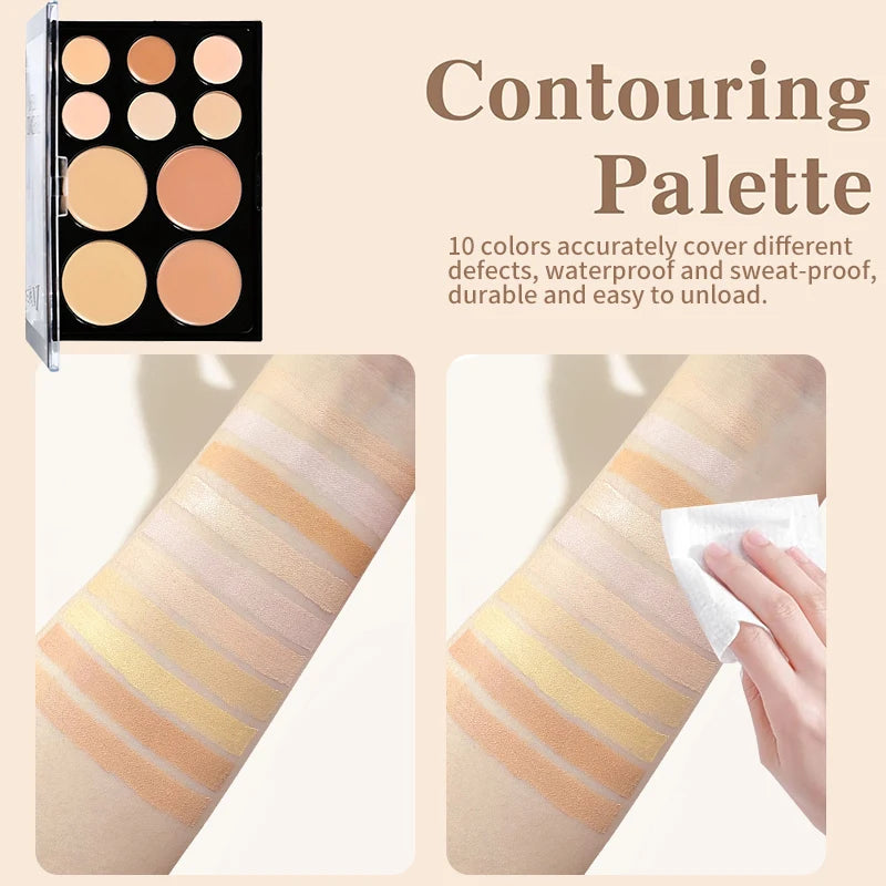 10-Color Cream Contour Palette with Brush | Waterproof Face Makeup Kit for Beginners