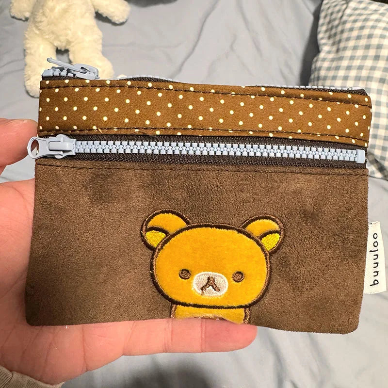 Cute Embroidered Bear Pencil Case with Polka Dots - Storage Bag & Coin Purse