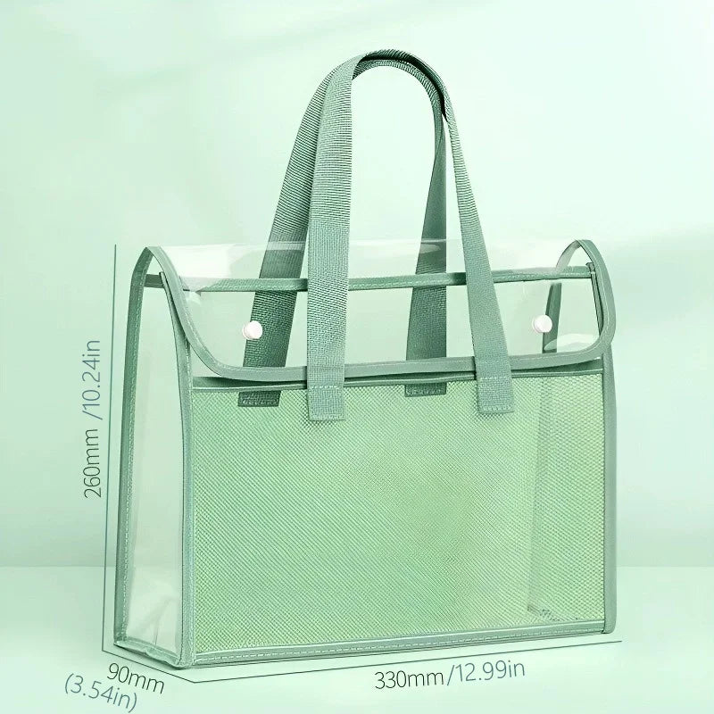 Clear Green PVC Tote Bag with Multiple Pockets for School & Office Storage