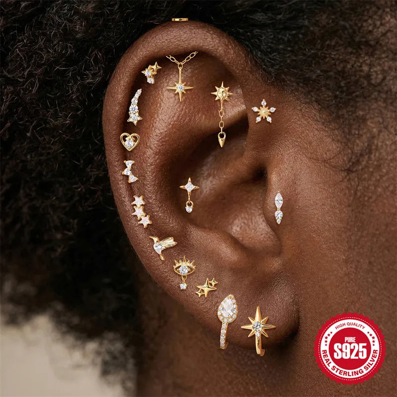 Dainty Star & Heart Chain Earrings for Women – Sterling Silver Piercing Jewelry