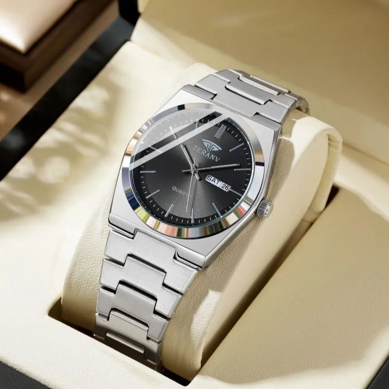 Men's Fashion Quartz Watch with Stainless Steel Case and Calendar Function