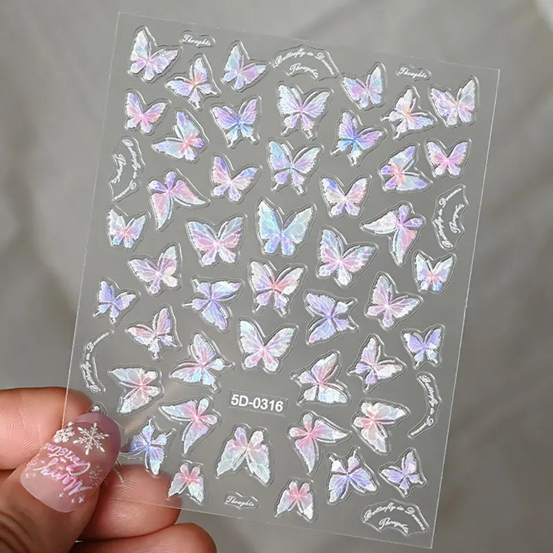 Pink Purple Aurora Shell Butterfly Nail Stickers - Shiny Laser 3D Decals for Nail Art