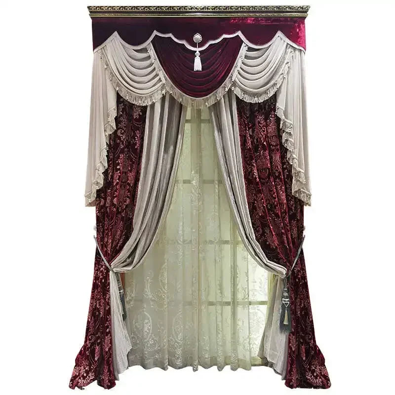 Wine Red Silk Velvet Embroidered Floral Curtains for Living Room & Bedroom