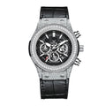 ONOLA Men's Skeleton Diamond Bezel Chronograph Watch with Red Leather Strap Waterproof