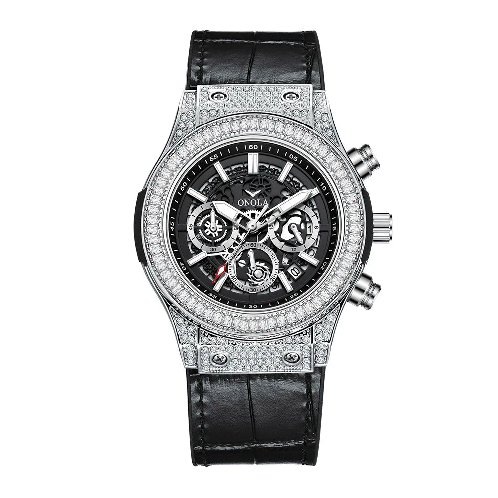 ONOLA Men's Skeleton Diamond Bezel Chronograph Watch with Red Leather Strap Waterproof