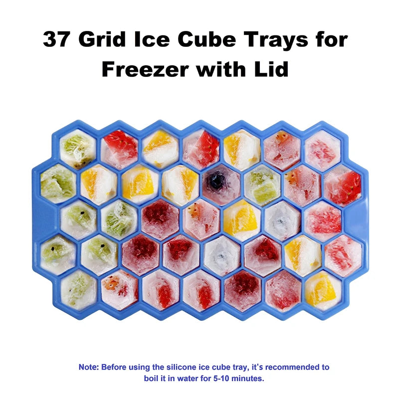37 Grids Silicone Ice Cube Mold with Lids Honeycomb Shape Reusable Food-Grade BPA-Free