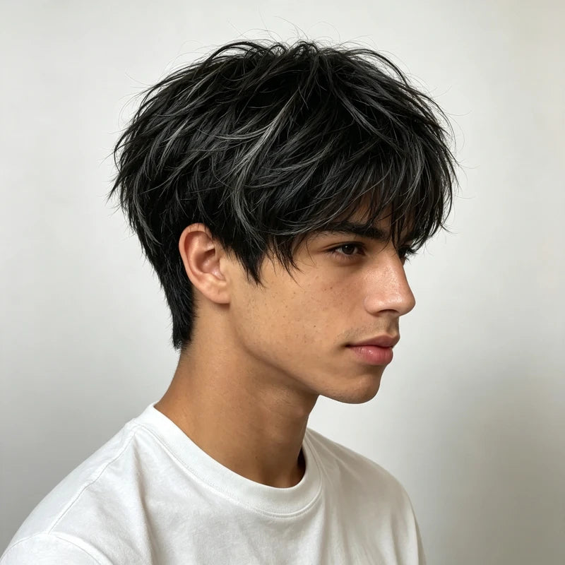 Black Synthetic Cosplay Wig Men Short Messy Layered Heat Resistant Fiber for Halloween