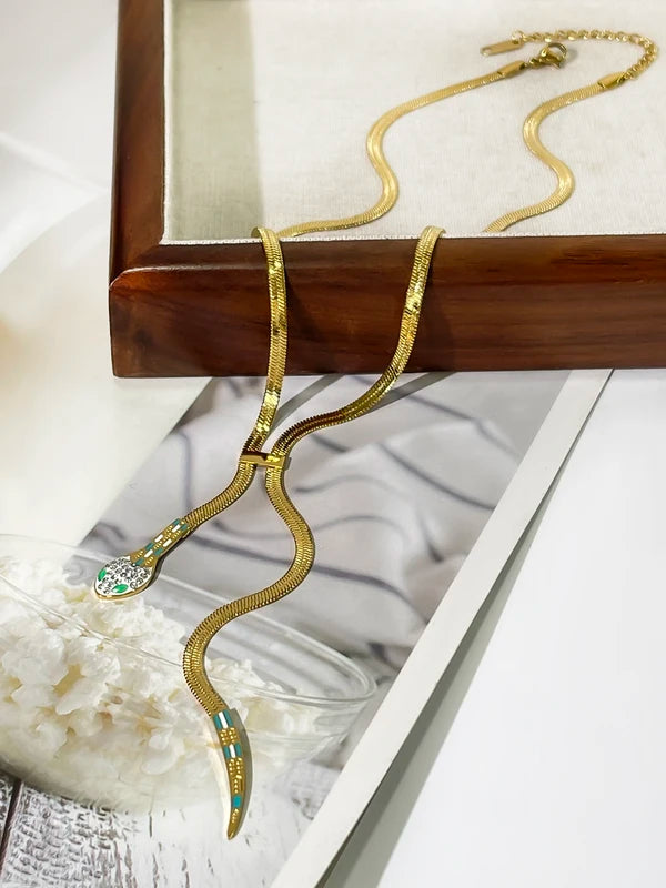 Dainty Gold Plated Rhinestone Snake Chain Necklace with Tassel for Women