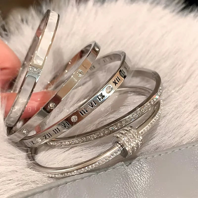 Silver Color Stainless Steel Bangle Bracelet for Women Girls - Waterproof Fashion Jewelry Gift