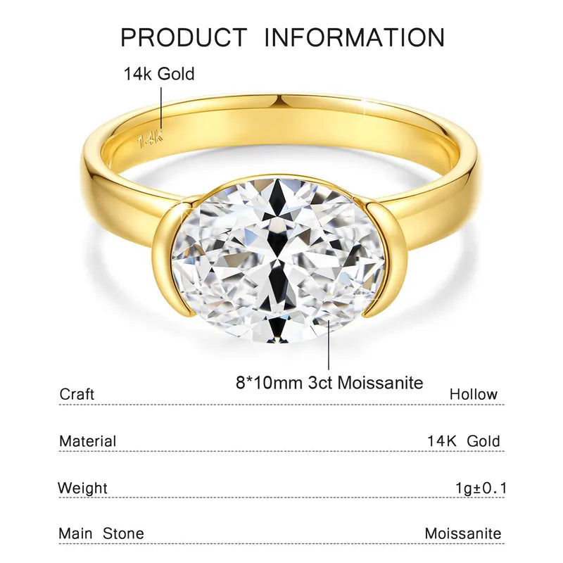 14K Gold Moissanite Engagement Ring Oval Cut 3CT Lab Created Wedding Jewelry