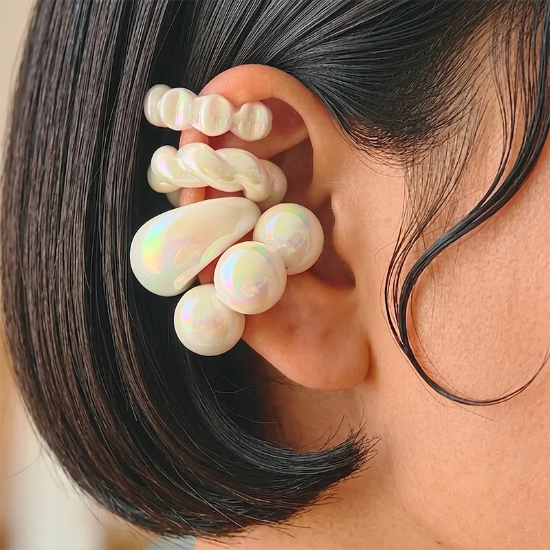 Iridescent Non Pierced Ear Cuff Set - Holographic Chunky Jewelry for Ear Clips