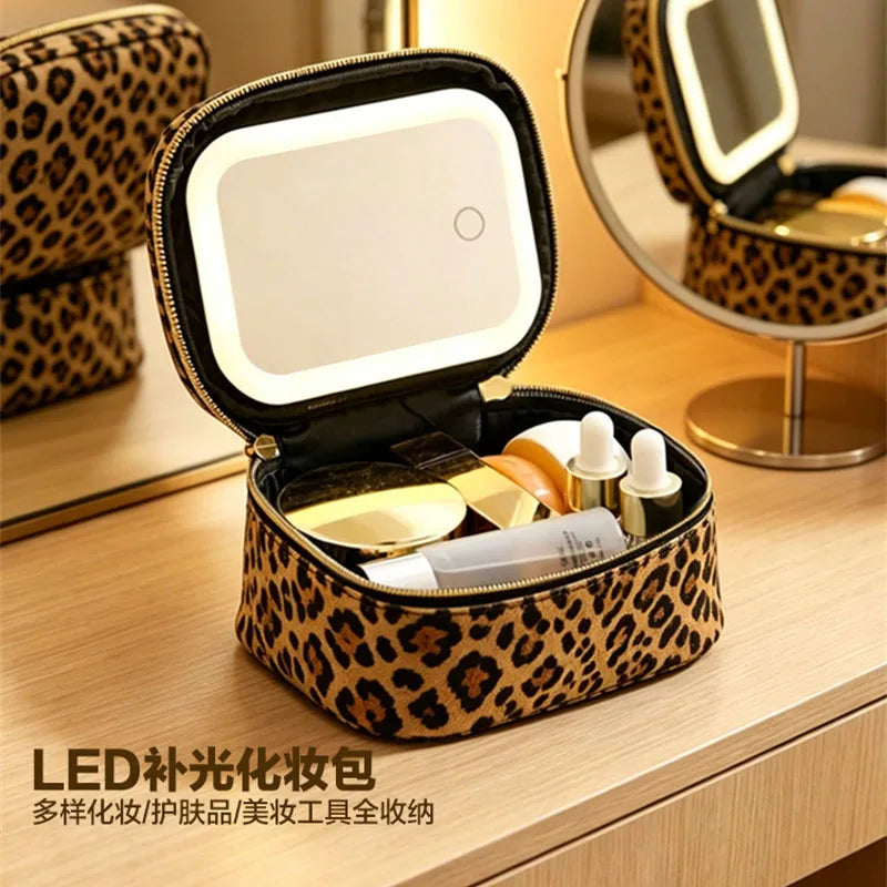 Portable LED Makeup Storage Bag with Mirror Rechargeable Cosmetic Organizer