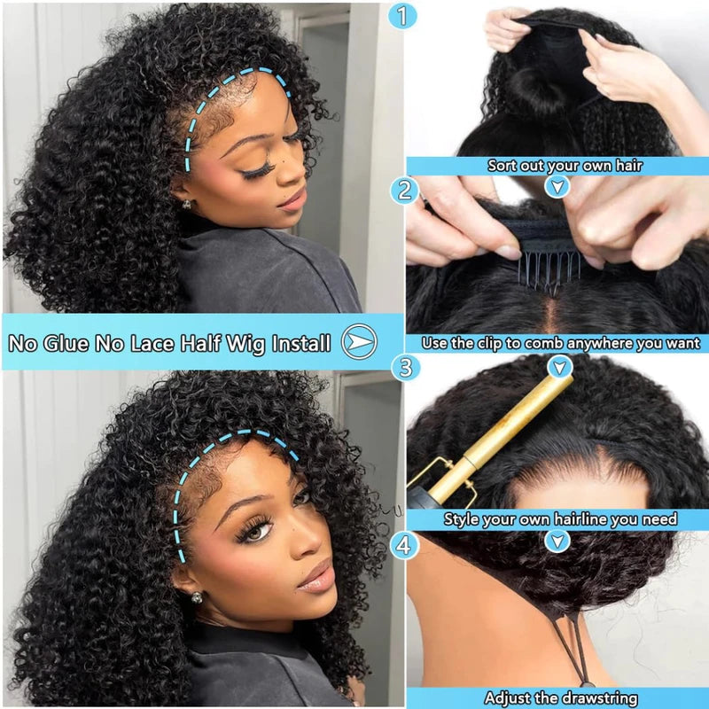 Curly Half Wig 200% Density Human Hair Headband Wig No Leave Out 16-32 Inches