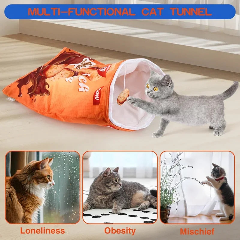 Interactive Cat Tunnel Toy with Food-Themed Designs - Collapsible Play Space for Cats