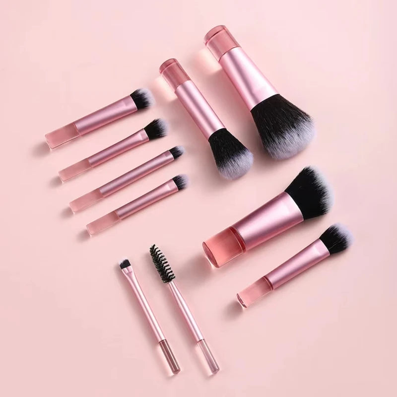 Mini Makeup Brush Set - 10-Piece Portable Face Brush Kit in Multiple Colors
