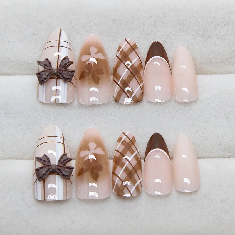 24Pcs Press-On Nails with French Bow Design Medium Almond Style for Women & Girls