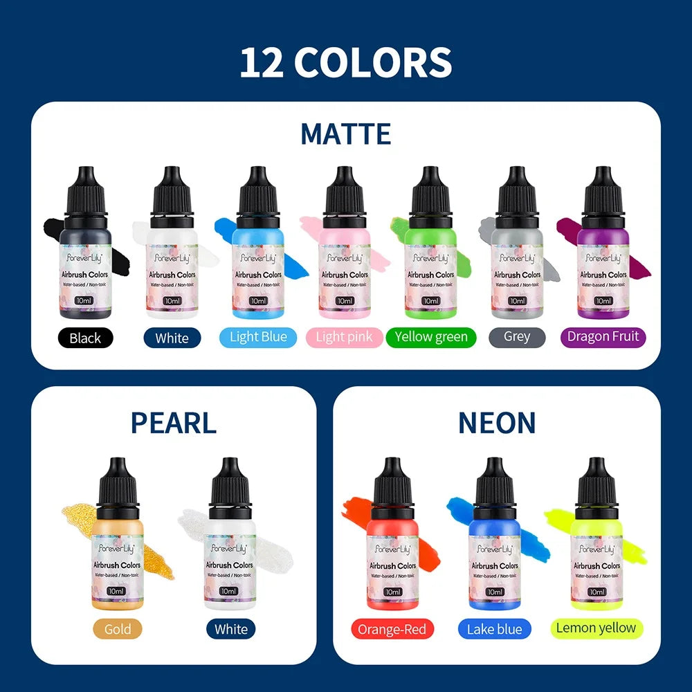 12-Color Water-Based Nail Ink Set - Matte Black & Pearl White for Nail Art and Airbrush Painting